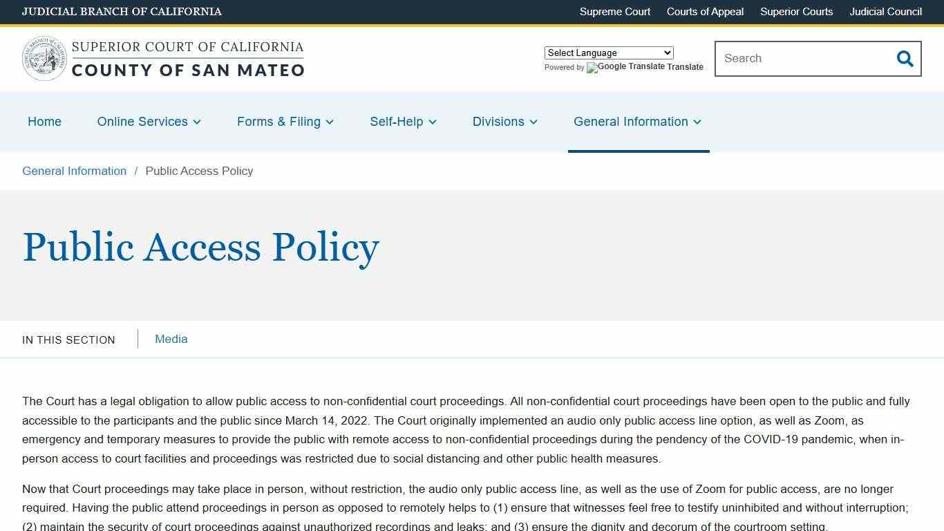 Public Access Policy Superior Court of California County of San Mateo